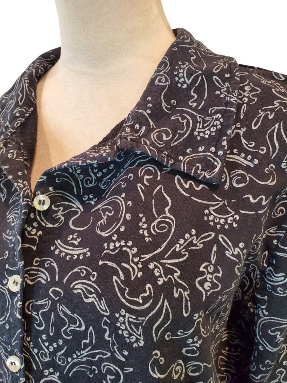 FRESH PRODUCE Button Front Top Black Scroll Print 3/4 Sleeve 100% Cotton - Picture 3 of 8